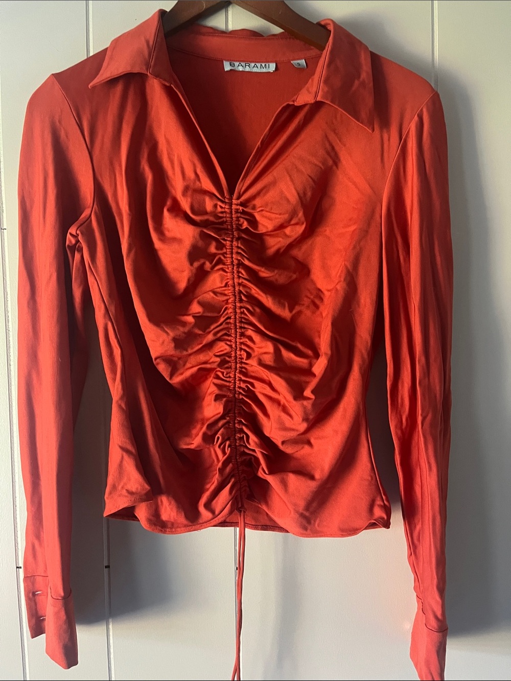 Ami Ruched Satin Collared Long-Sleeve Top - Orange